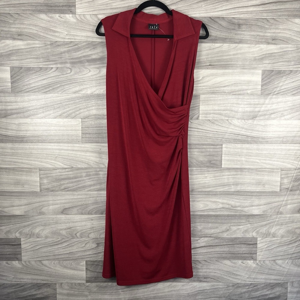 Jkla California Dress Womens M Red Stretch Faux Wrap Collard Vintage Sleeveless - Picture 2 of 11